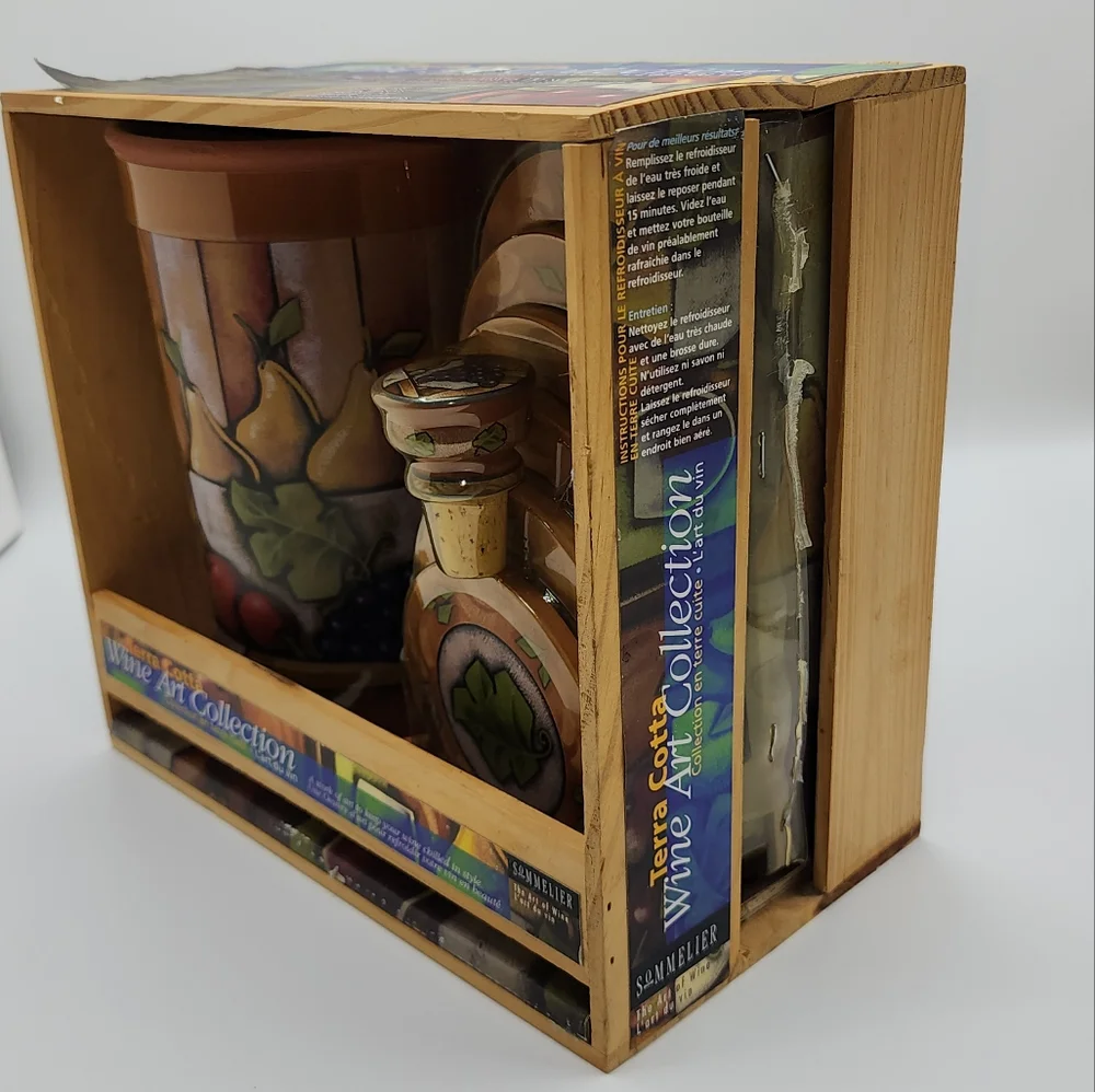 Terra Cotta Wine Art Collection Set Wine Chiller Bottle‎ Topper And Coasters NEW